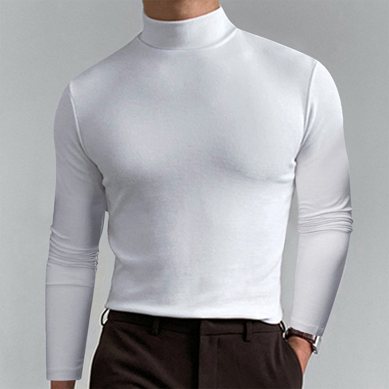 Marineblå polyester t-skjorte for menn, høy hals og lange ermer. Slim fit for en skarp stil.