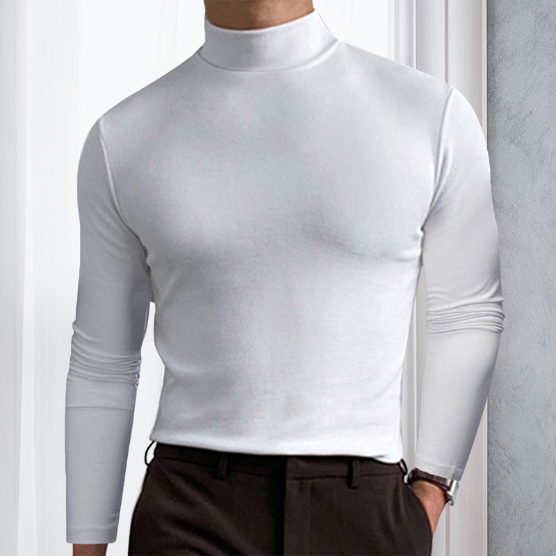 Burgunder slim fit langermet t-skjorte med høy hals for menn. Perfekt for fritid og stilfull look.