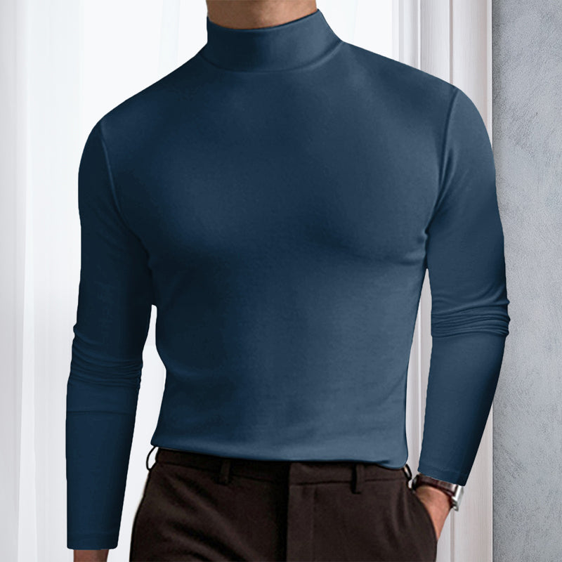 Høyhalset langermet t-skjorte i marineblå polyester for menn, slim passform. Basisplagg i garderoben.