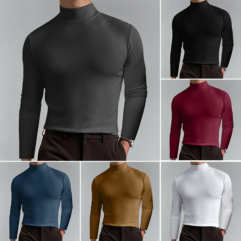 Stilfull burgunder langermet t-skjorte for herre, høy hals og slim fit. Komfortabelt basisplagg.