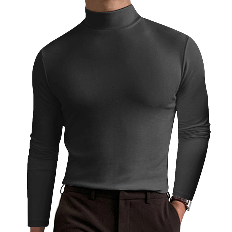 Detaljbilde av marineblå høyhalset herre t-skjorte, slim fit. Myk polyester for komfort.