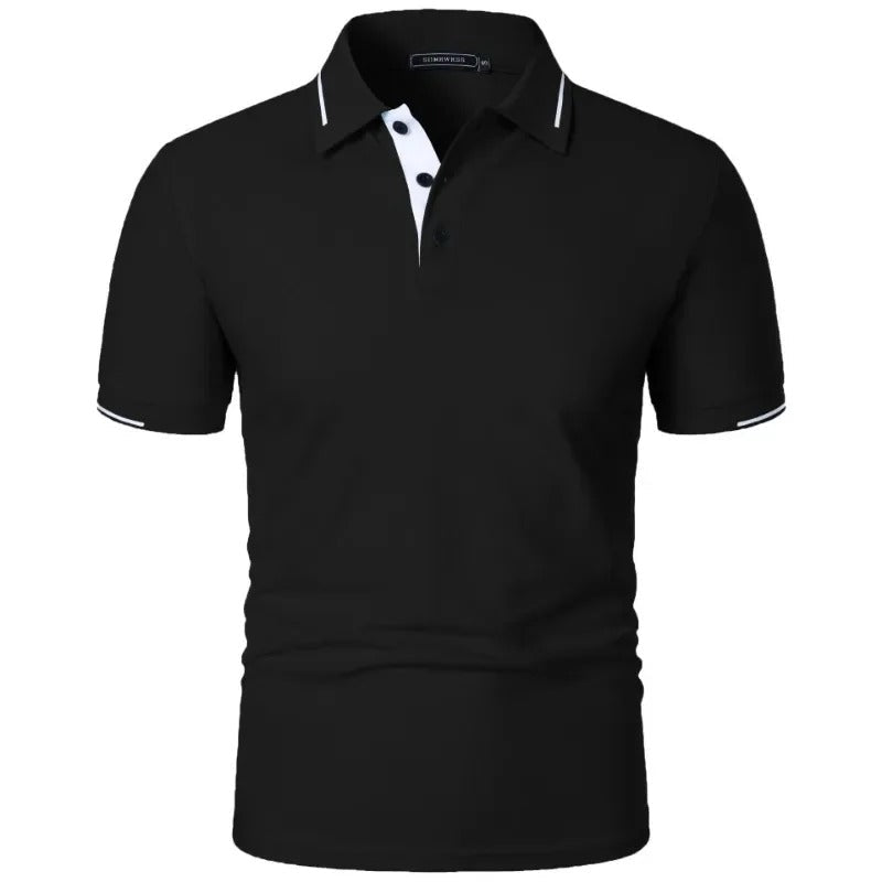 Detaljbilde av krage og knapper på klassisk polo skjorte. Herre polo med tidløs design og god kvalitet.