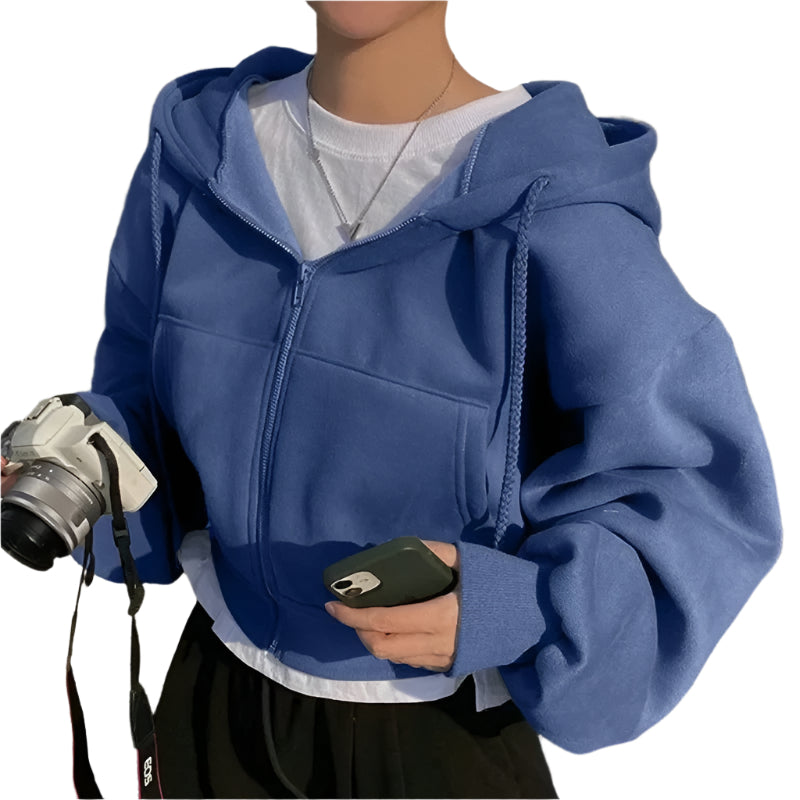Marineblå genser til kvinner, en stilig oversized crop top med hette for motebevisste damer.