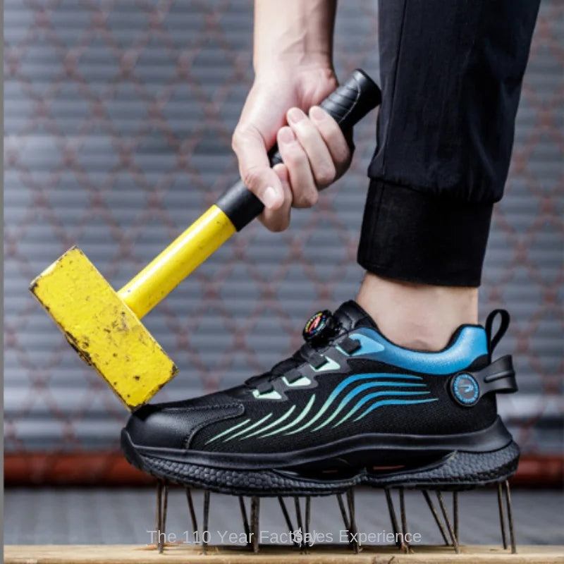 Moderne blå sikkerhetssko for menn, kombinerer sporty stil, optimal komfort og enkel justering med roterende knapp.