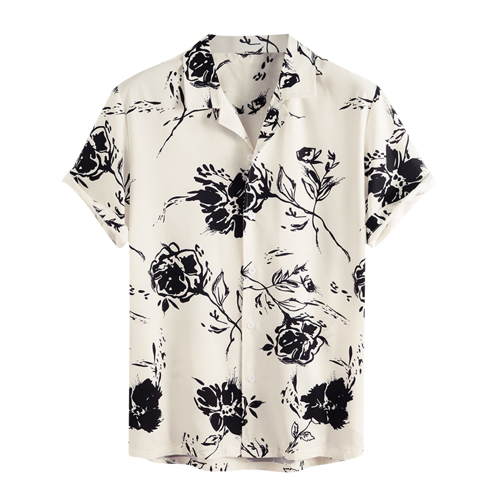 Menns blomstret sommerbluse i lett stoff, perfekt for varme dager. Hvit/beige hawaiiskjorte for herre.