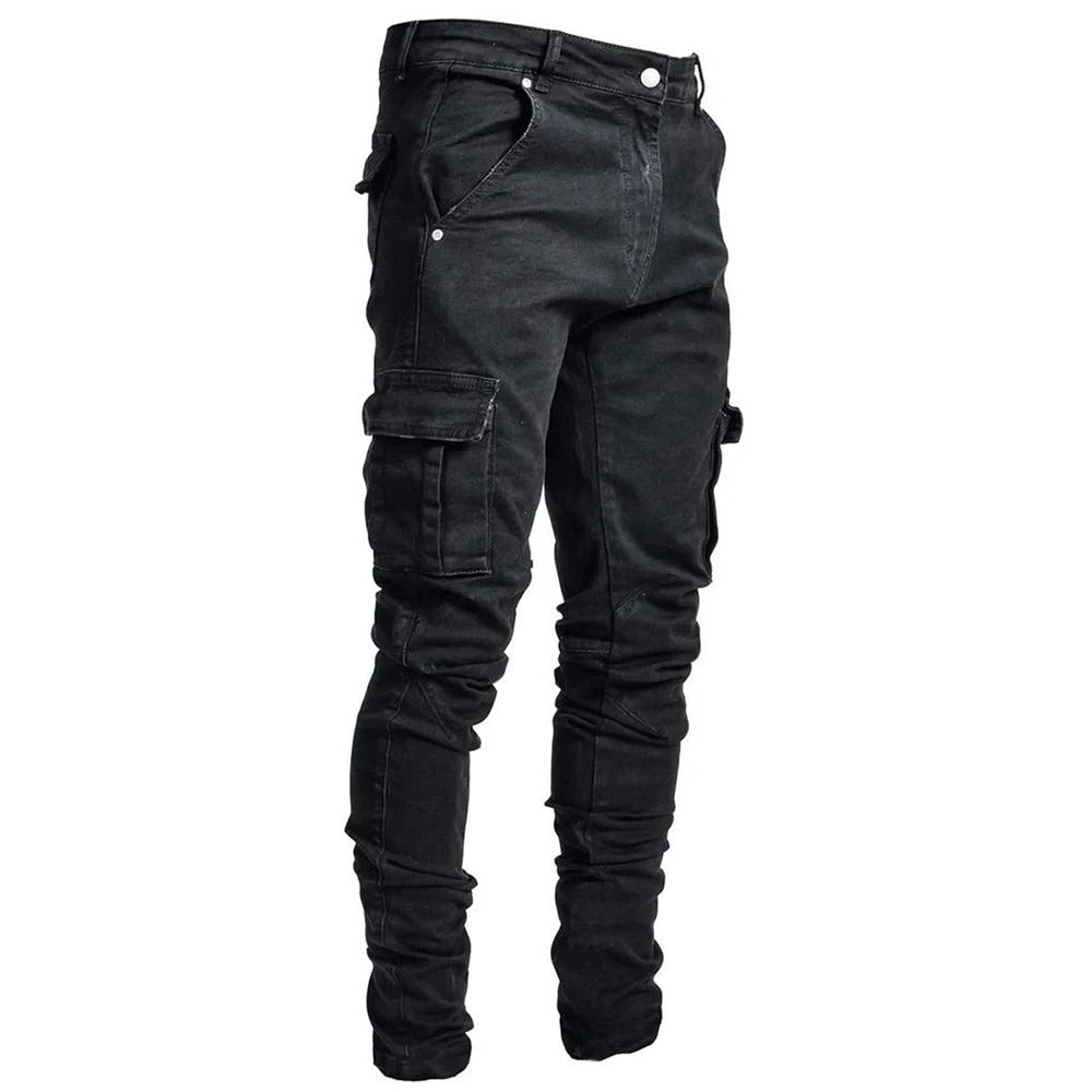 Stilige menns cargobukser med elastisk midje og mange lommer. Perfekt streetwear jeans for menn.
