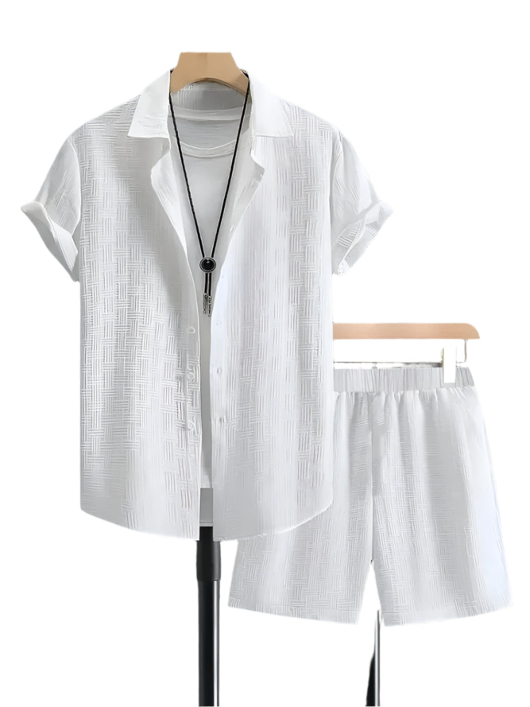 Menns elegant jacquard sett, todelt sommerantrekk med shorts og kortermet skjorte.