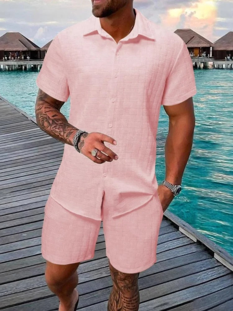 Menns todelt jacquard sett med kortermet skjorte og behagelige shorts, ideelt for sommer.