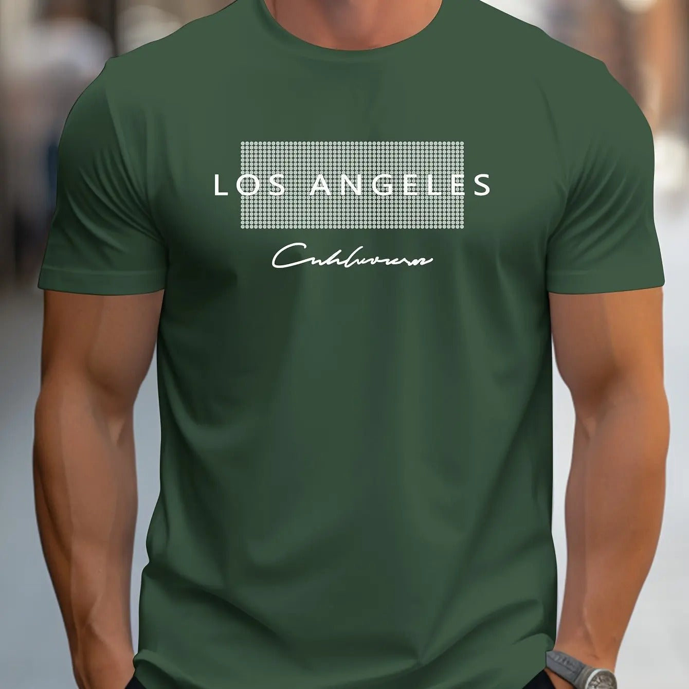 Brettet grafisk Los Angeles t-skjorte for menn, viser rundhals, korte ermer og sporty slimfit design.
