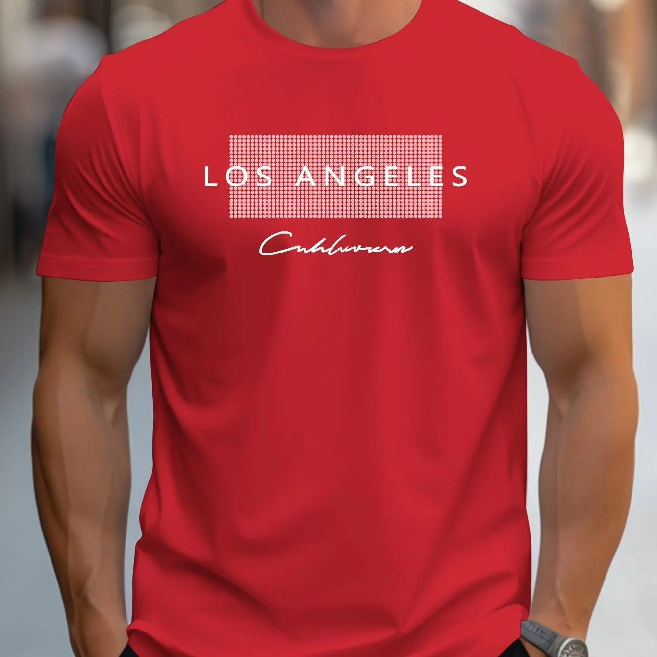 Detaljbilde av stoff og sømmer på en Los Angeles t-skjorte, fremhever kvalitet for sporty herreklær.