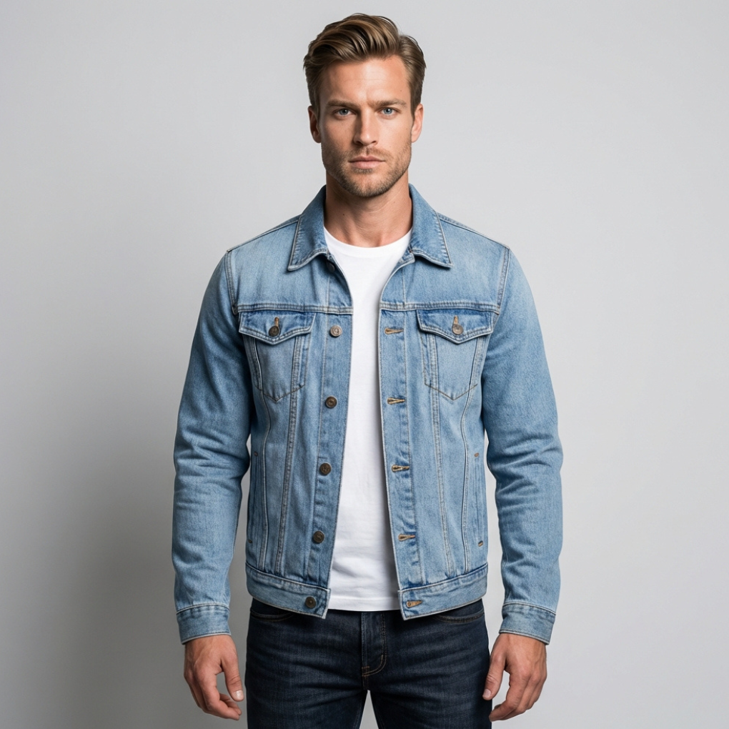 Menns klassisk blå denim truckerjakke i robust bomull. Tidløs jeansjakke for vår og høst, perfekt ytterplagg.