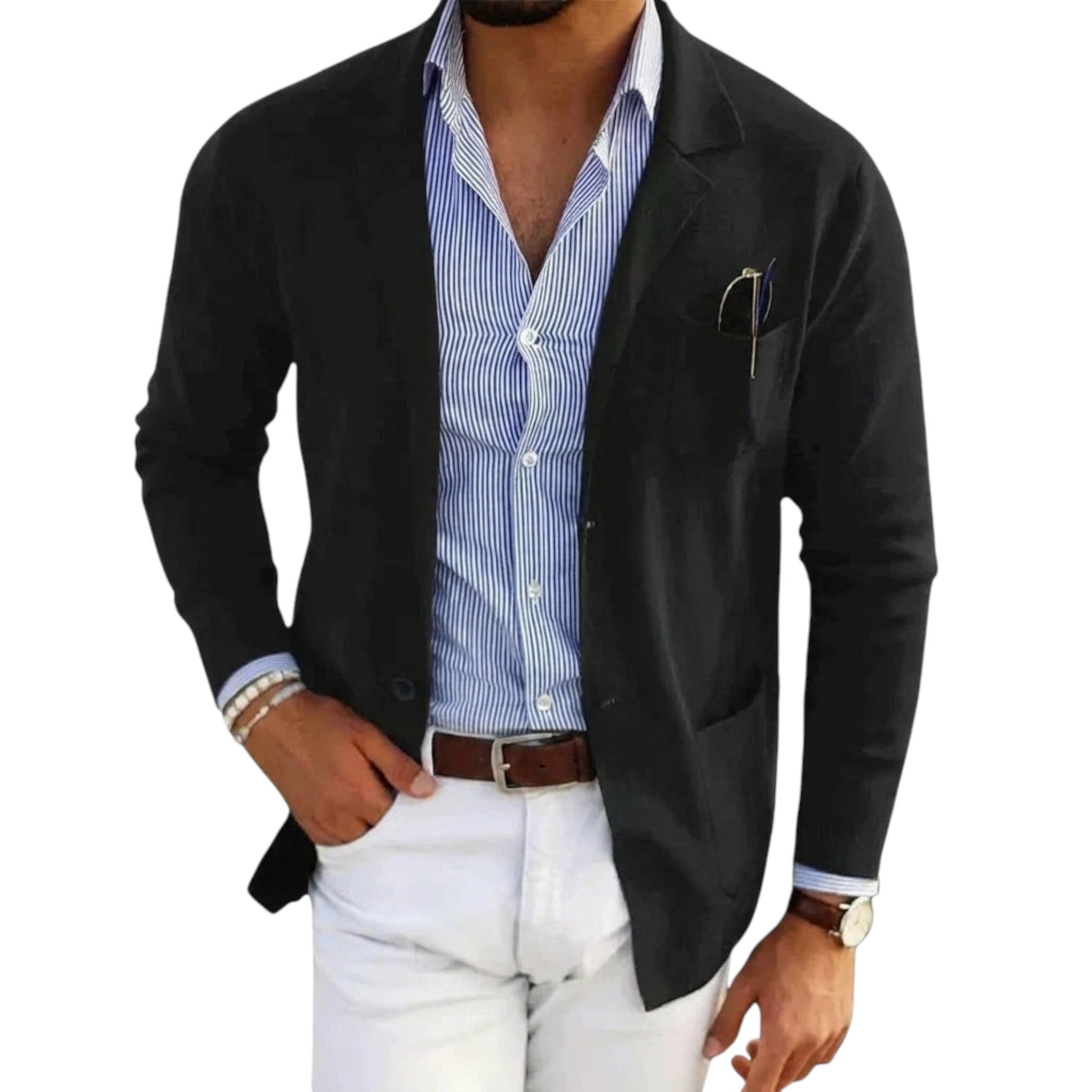 Uformell herreblazer med klassisk jakkekrage, perfekt for fritid og elegant hverdagsstil.