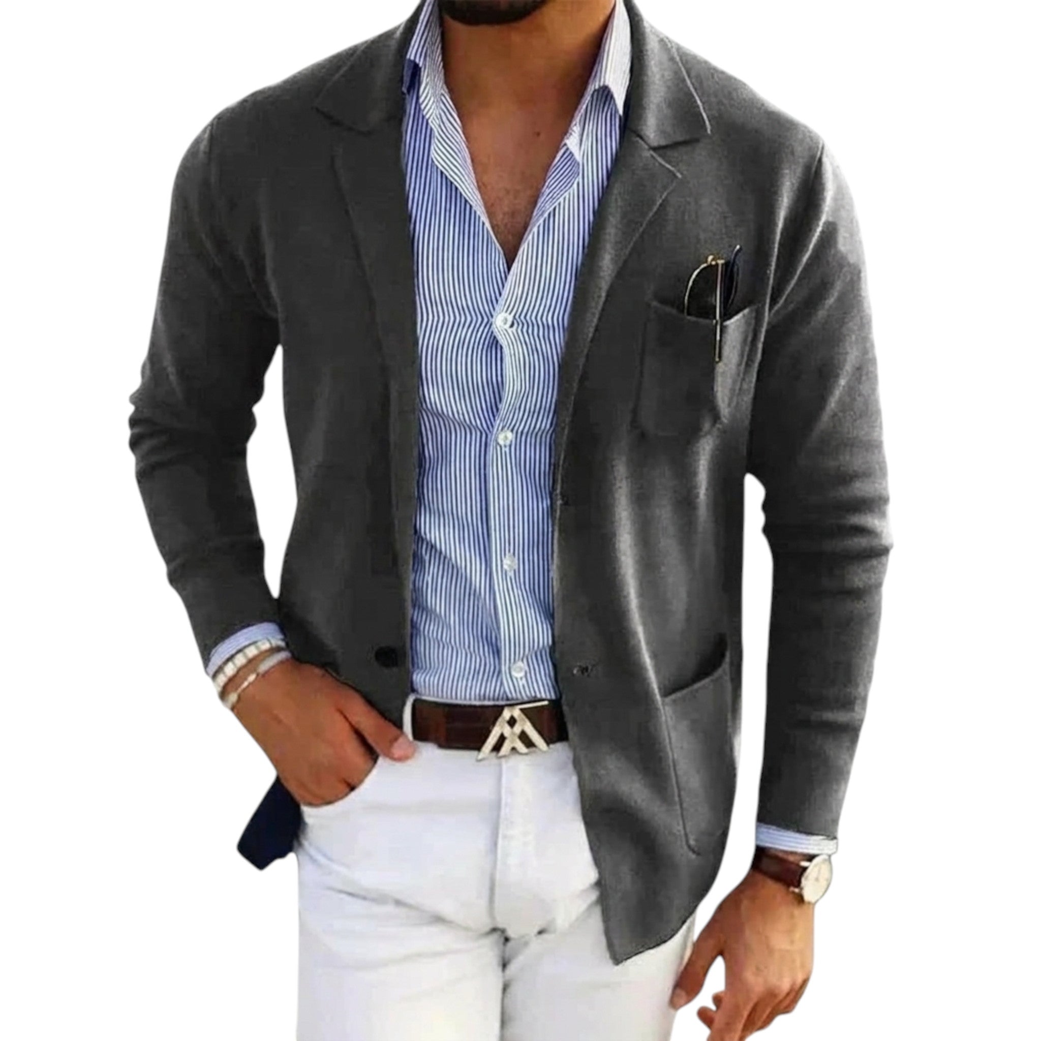 Grå herreblazer med jakkekrage, elegant skreddersydd rygg og sidesnitt for en moderne look.