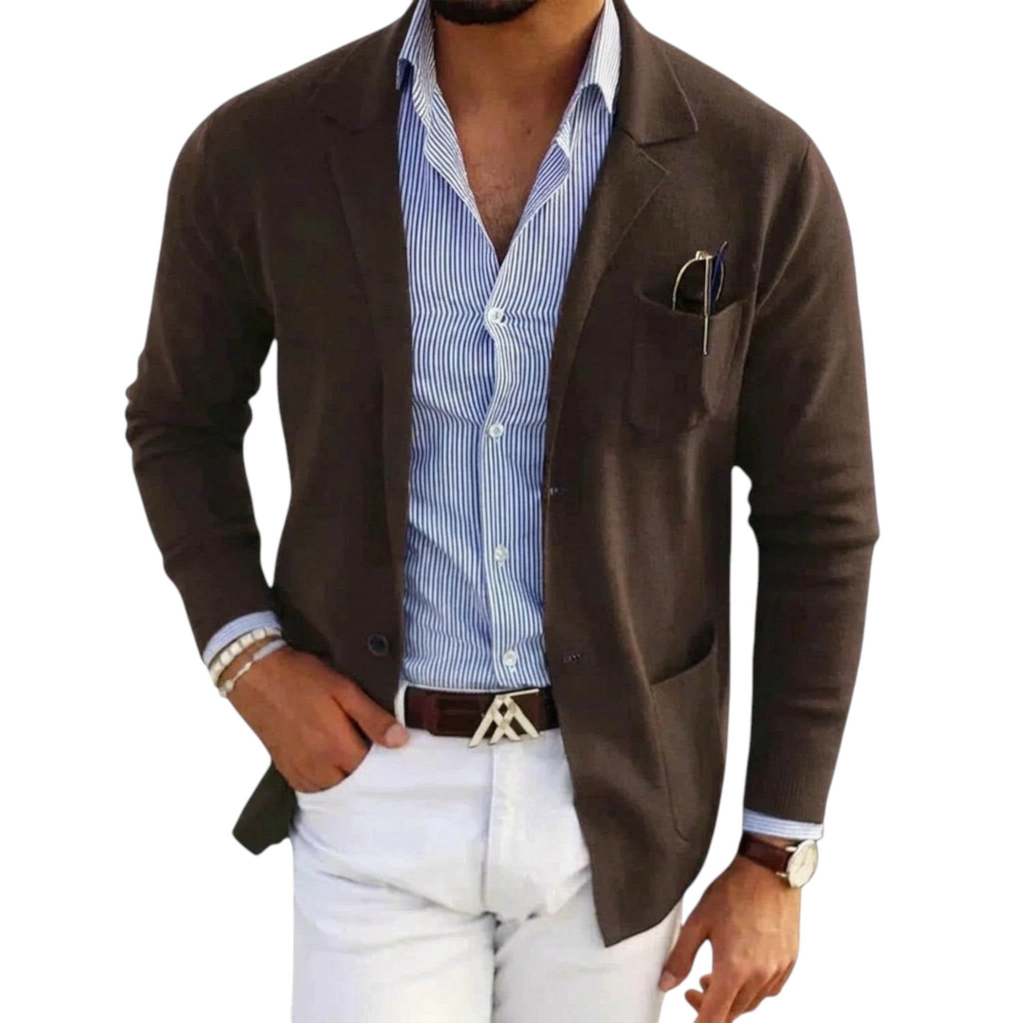 Stilig svart herreblazer med jakkekrage, passer perfekt til skjorte og bukser for en komplett look.