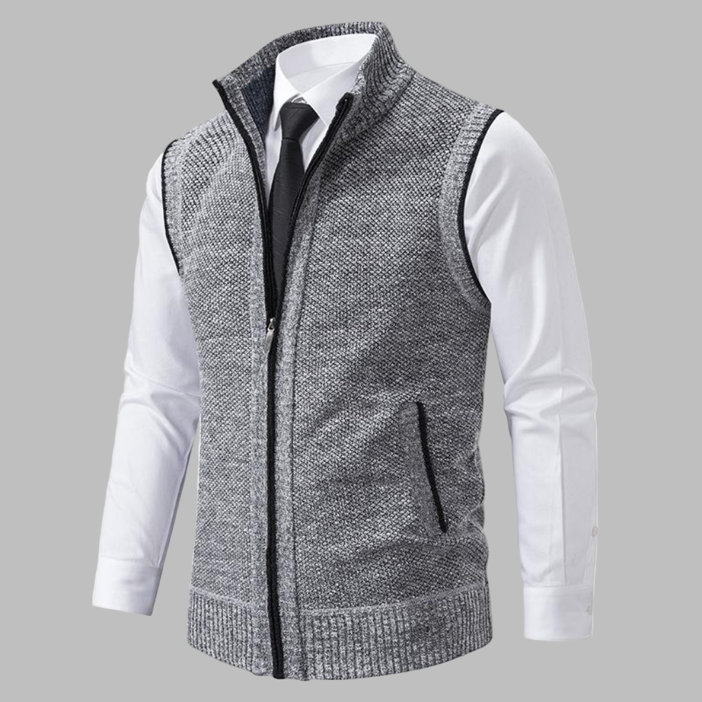 Stilig strikket zip-up vest for menn, perfekt for fritid og høstklær. Allsidig lag-på-lag plagg.