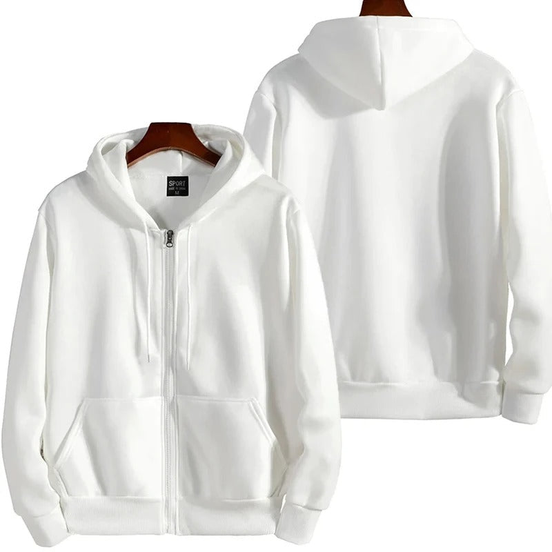 Hvit menns casual genser med glidelås og hette, allsidig overdel for en fresh og moderne look.
