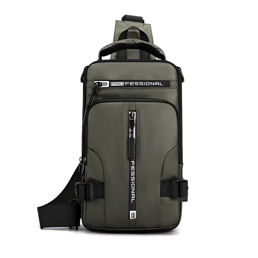 Slitesterk polyester anti-tyveri crossbody veske for menn, konvertibel til ryggsekk for reiser og pendling.