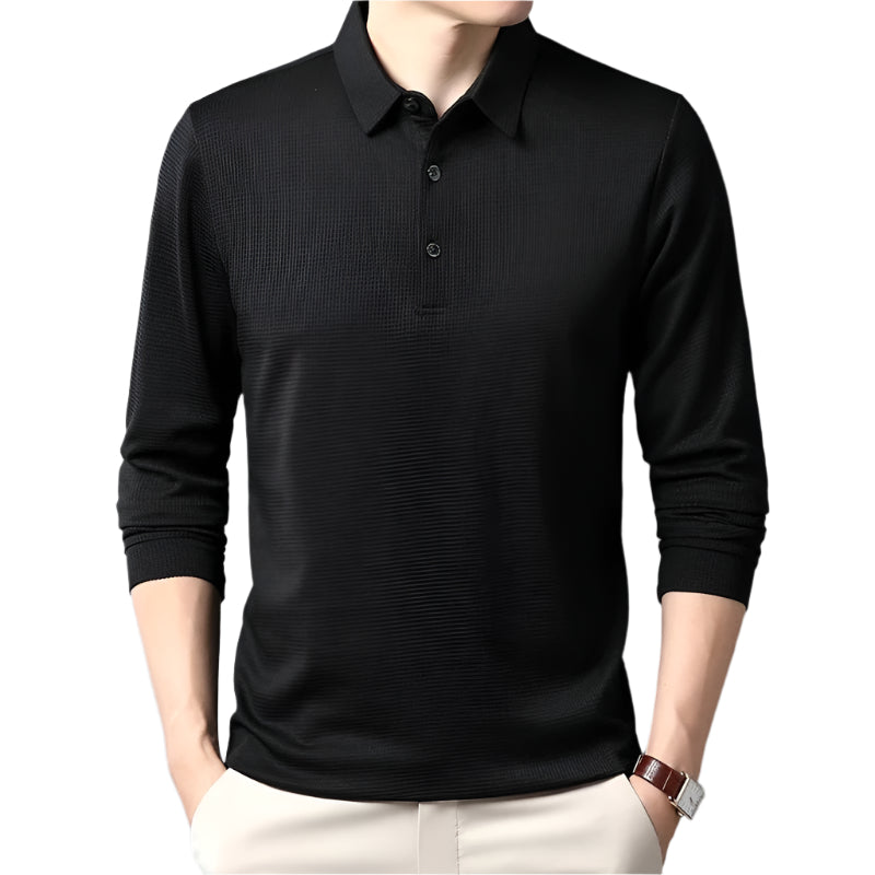 Menns langermet poloskjorte i elegant mørk farge, ideell for business casual og komfortabel hverdag.