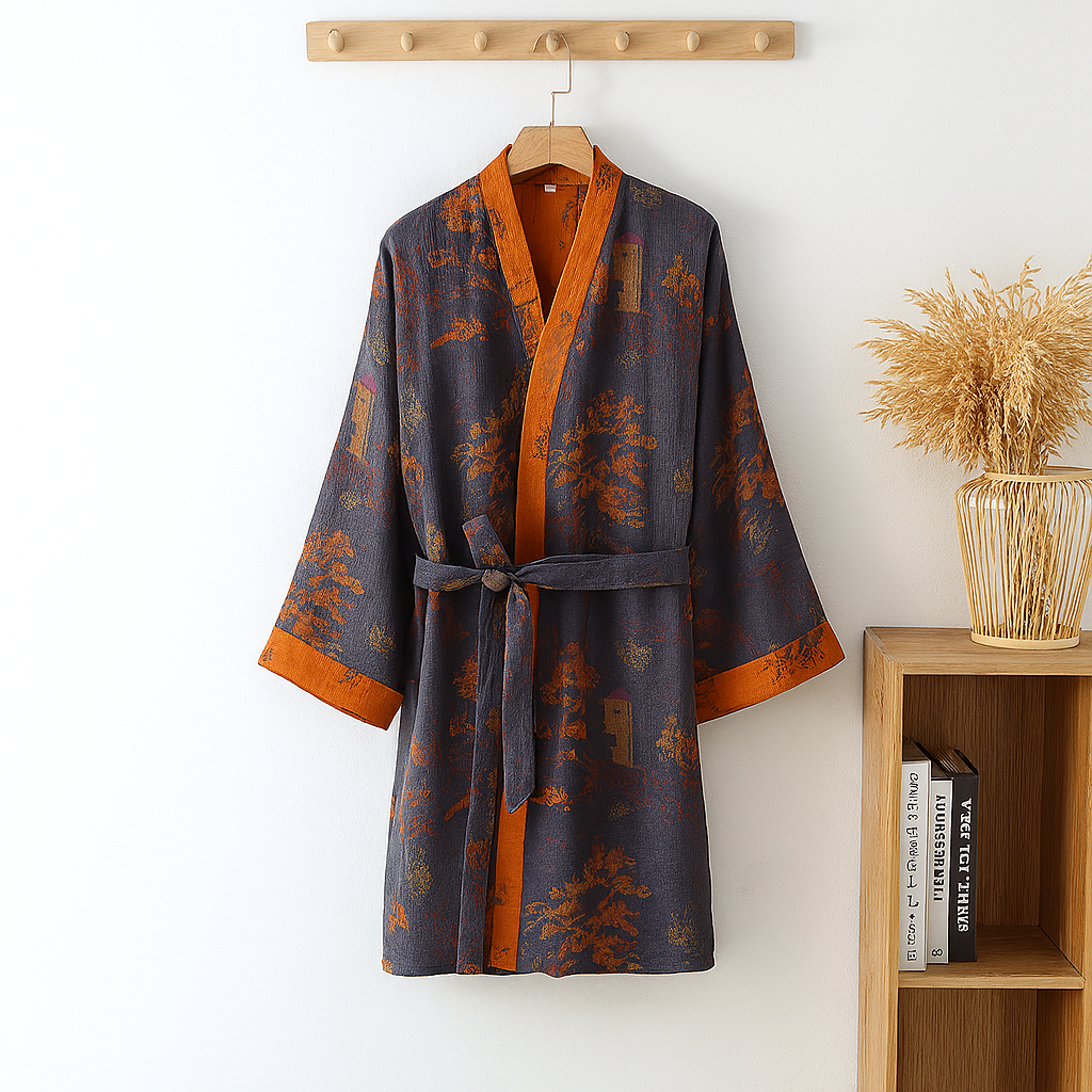 Menns lettvekt bomull kimono morgenkåpe i lilla oransje jacquardmønster. Perfekt for vår/sommer avslapning og komfort.