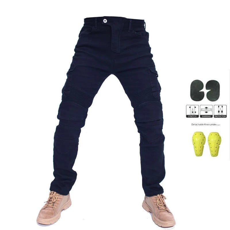 Moderne svarte motorsykkeljeans for menn. Slank passform kombinerer streetstyle med god beskyttelse.