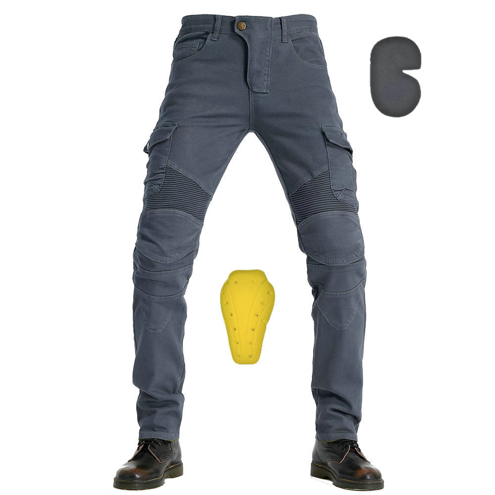 Utvalg av motorsykkeljeans for menn i grå, svart og lysegrønn. Allsidige og beskyttende jeansbukser.