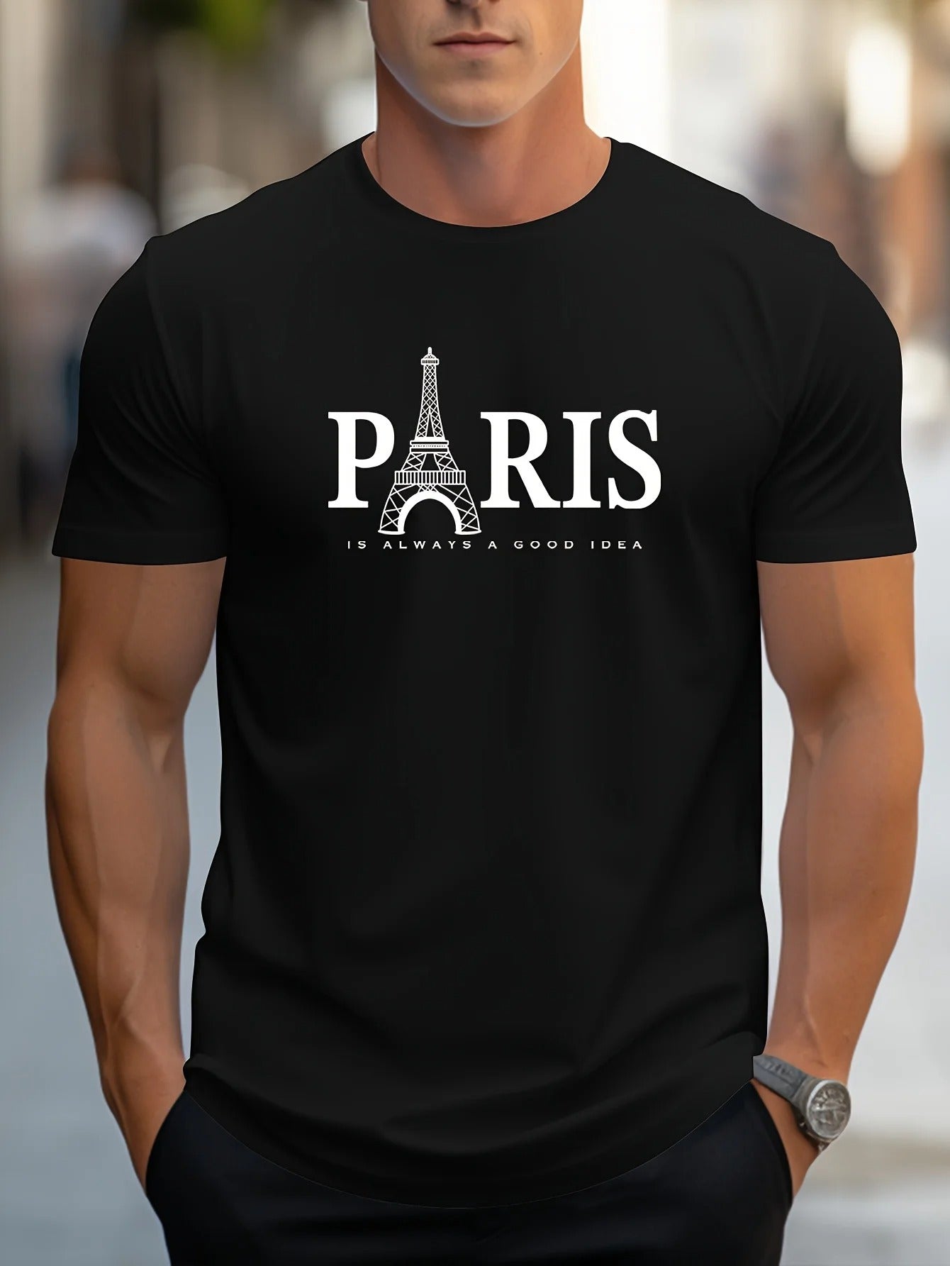 Behagelig menns oversized t-skjorte med flott Paris-trykk. Ideell for streetwear og avslappet hverdagsstil.