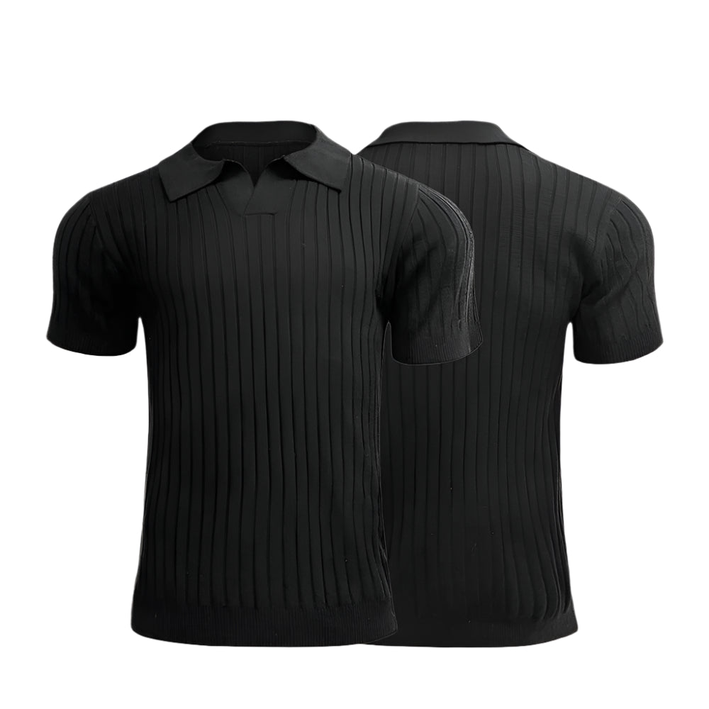 Vintage-inspirert menns poloskjorte med striper, strikket kvalitet for sommerbruk.