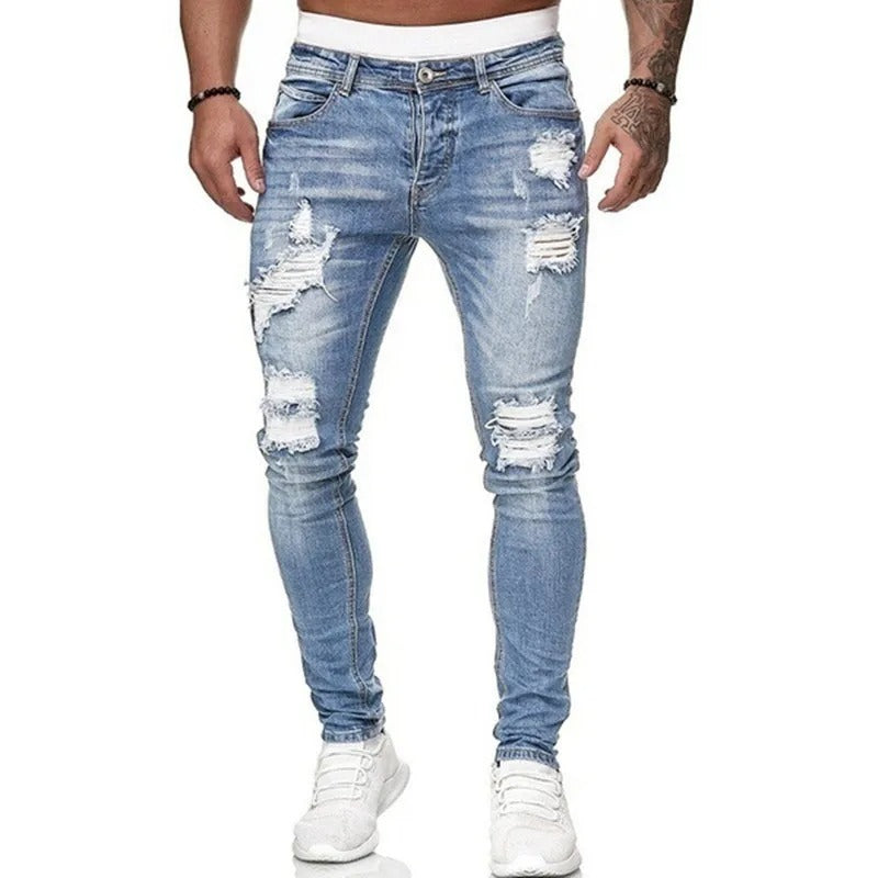 Moderne menns denim skinny jeans, revet på knærne, perfekt for en kul urban look.