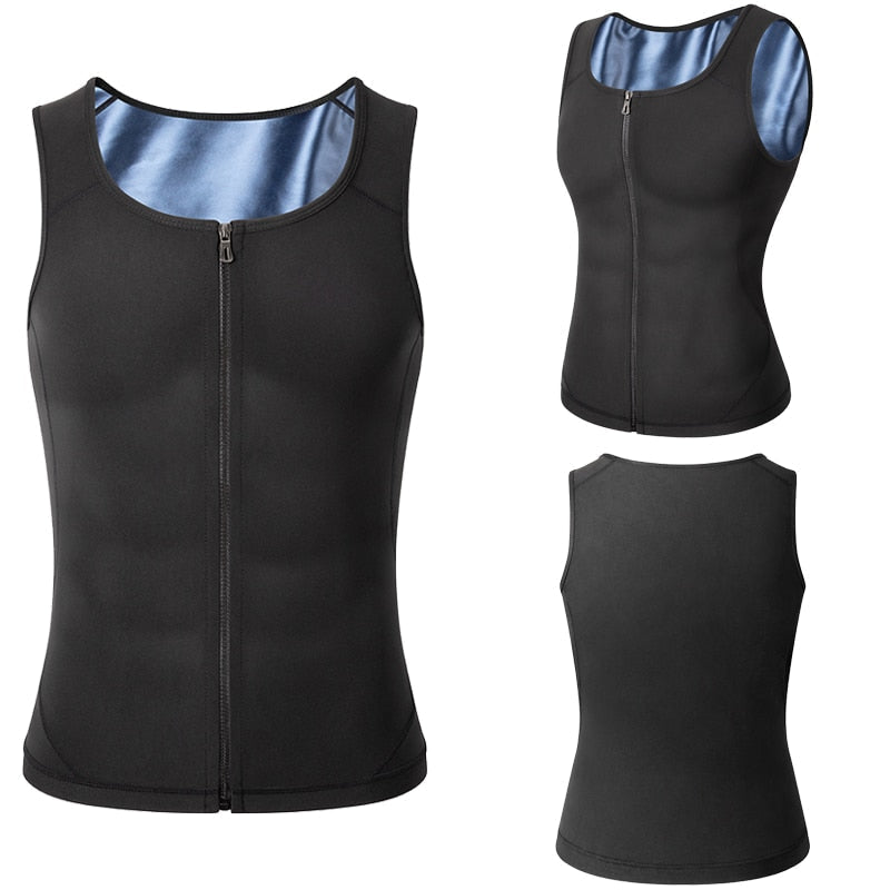 Sidevisning av menns svettevest for trening; med glidelås og formende effekt for en aktivlivsstil og vekttap.