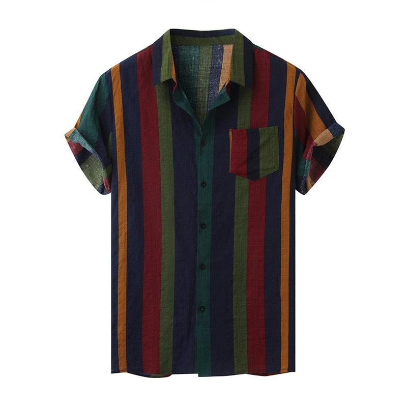 Menns stripete hawaiiskjorte med krage, korte ermer. Perfekt sommerskjorte for fritid og strandstil.