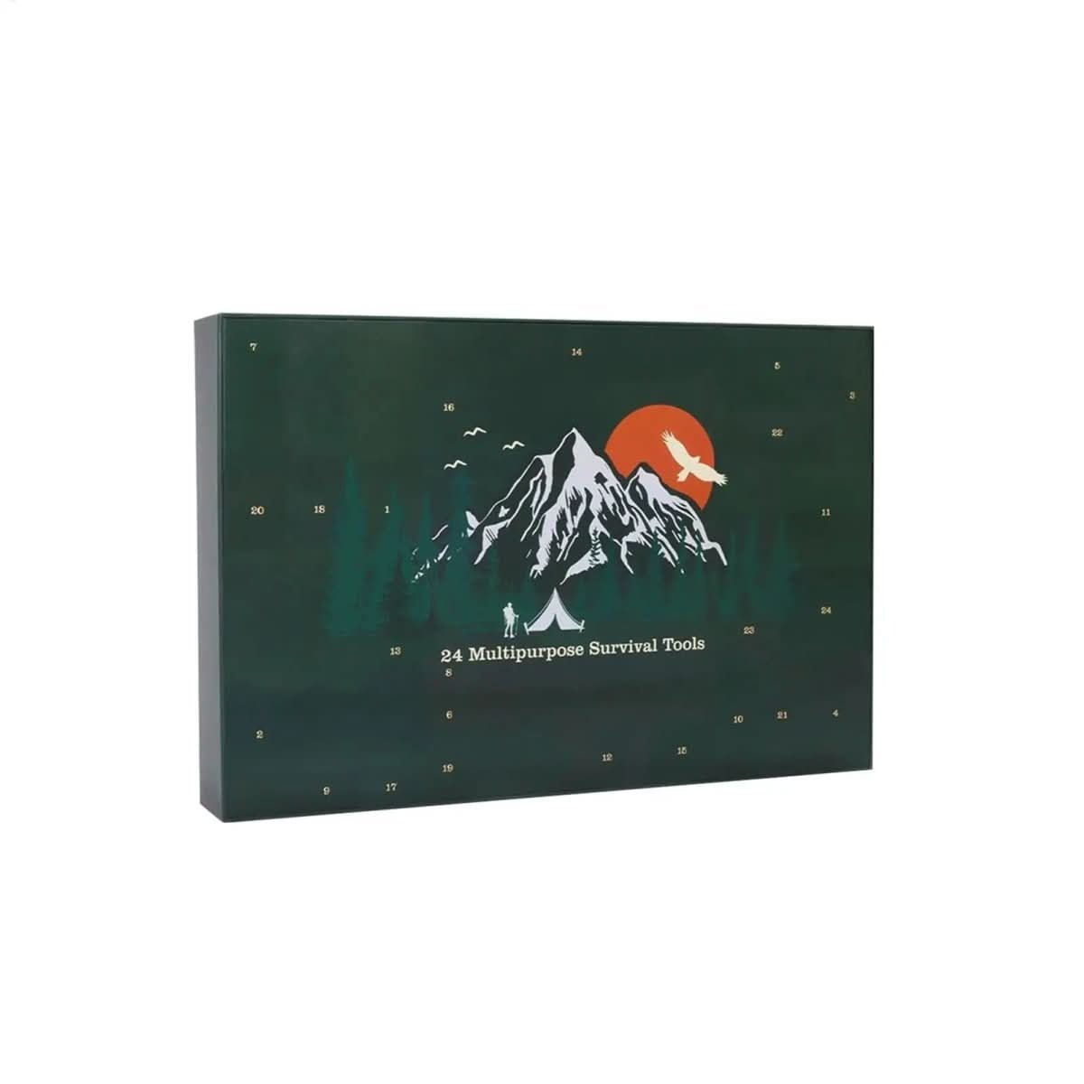 Menns Utendørsverktøy Adventskalender, fylt med nyttig turutstyr. Perfekt julegave for friluftsentusiaster.