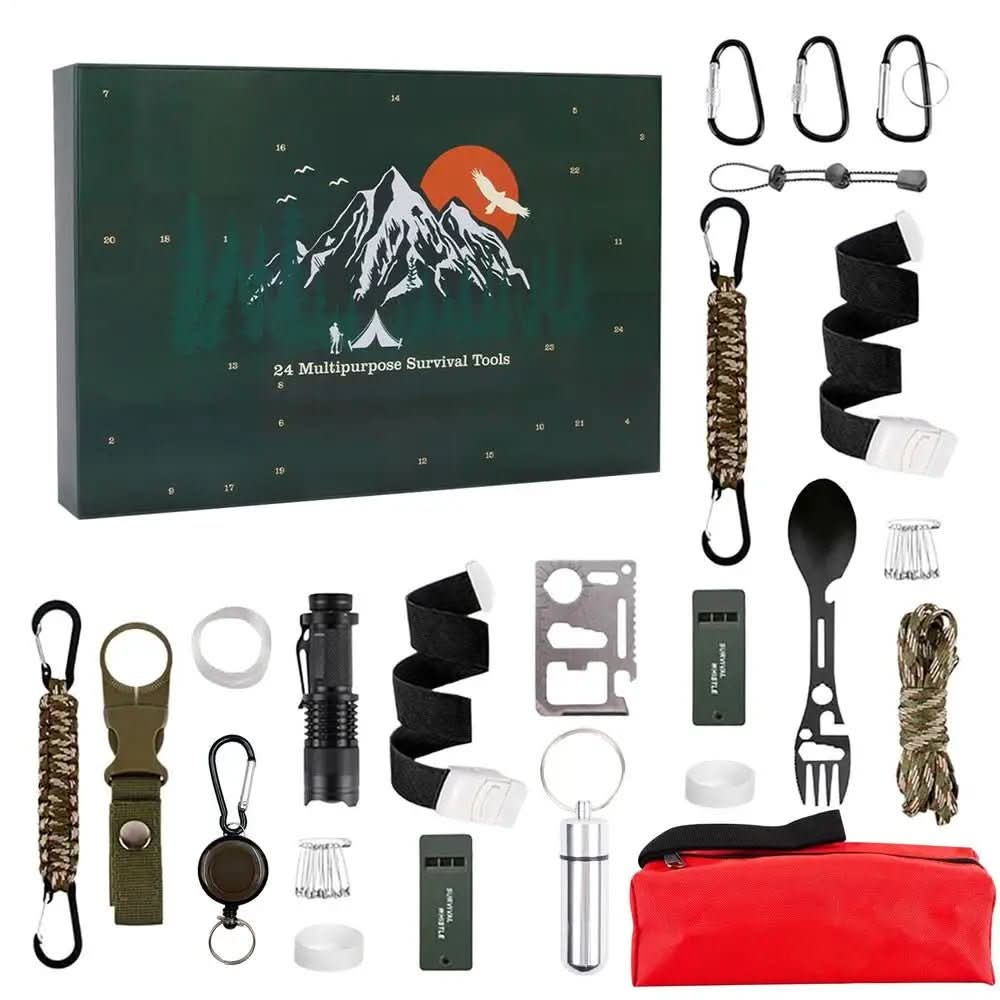 Adventskalender for menn, inneholder diverse små verktøy og campingutstyr. Ideell for eventyr og friluftsliv.