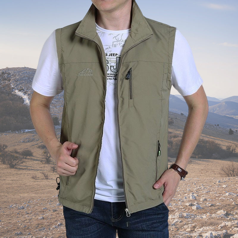 Menns vanntett softshell vest; ermeløs, vindtett, pustende herrevest for utendørs aktivitet med lommer.