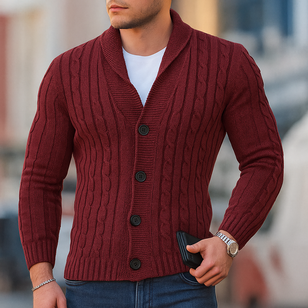 Svart menns klassisk strikket cardigan. Varm, elegant genser for herre, ideell for både casual og lag-på-lag.