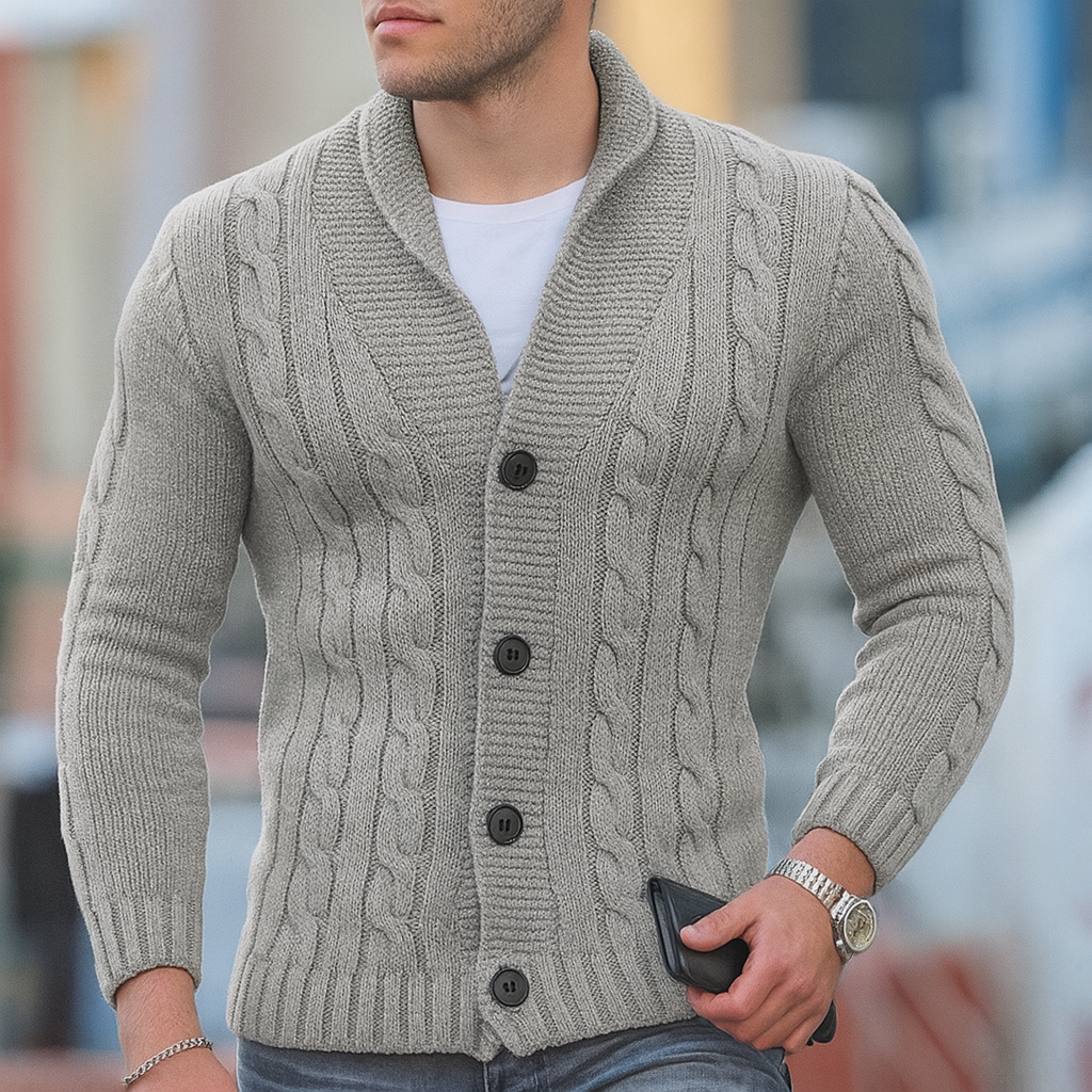 Rød menns strikket cardigan. Varm, klassisk herregenser for vintermote, flott for casual og lag-på-lag stil.