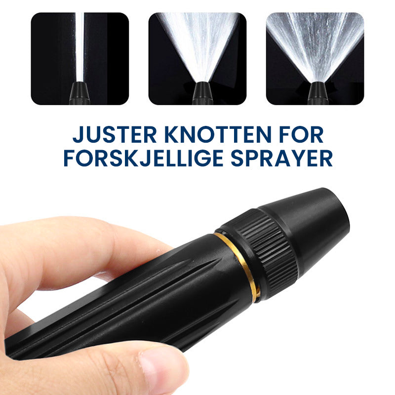 Robust metall høytrykks munnstykke med justerbar stråle, ideelt for bilvask og vanning av planter.