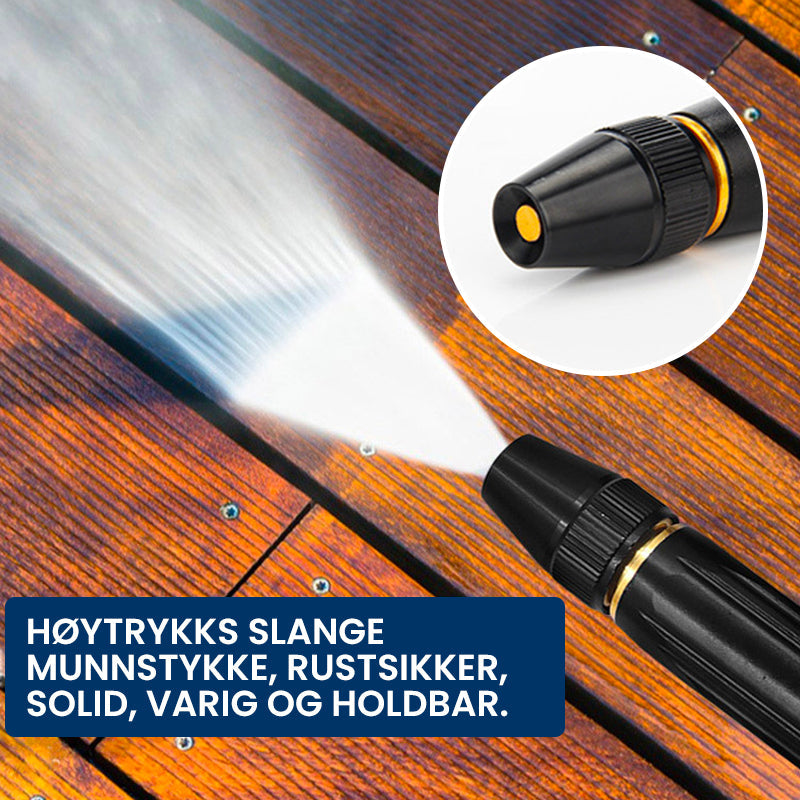 Metall munnstykke for vannslange, gir høytrykk for profesjonell rengjøring av utendørsflater.