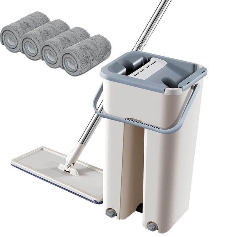 Mikrofaser Flachmopp-Set mit Eimer zum Auswringen für effektive Bodenreinigung im Haushalt.