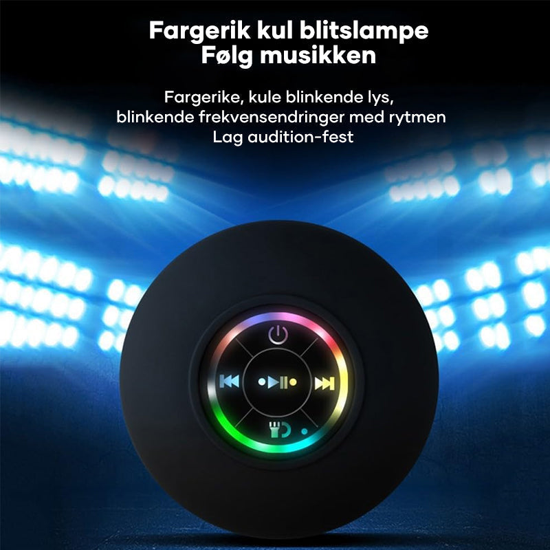 Blå Bluetooth dusjhøyttaler med integrerte LED-lys, vanntett design.
