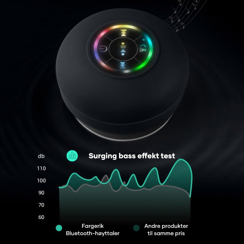 Sort bærbar dusjhøyttaler med Bluetooth og lysende LED-funksjon.