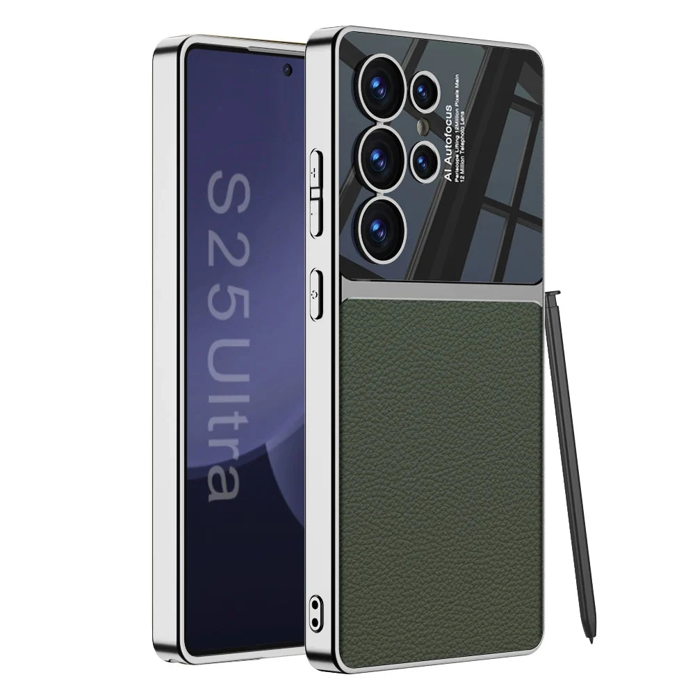 Nærbilde av myk kant på elegant PU lær mobildeksel til Samsung Galaxy S24/S25 Ultra.