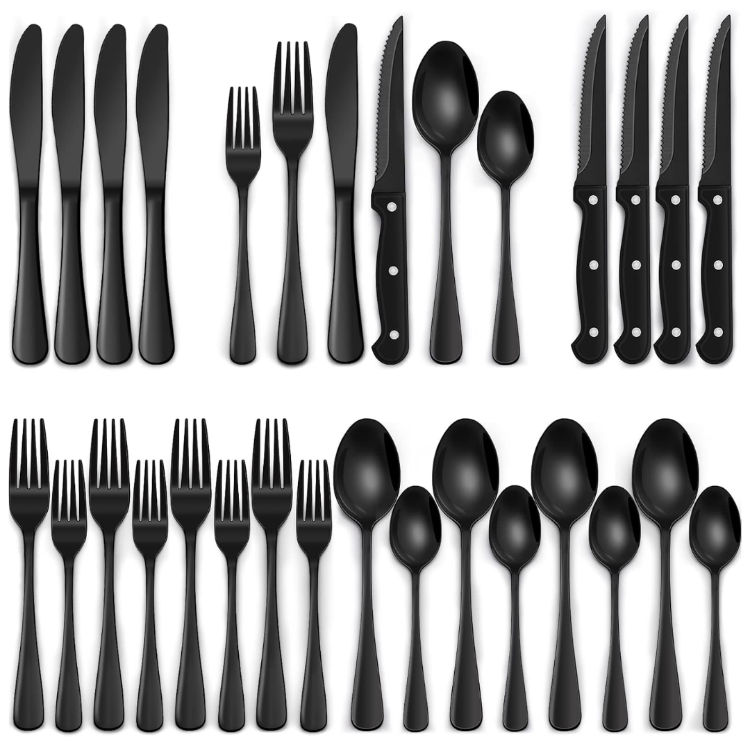 Moderne 24-deler sort bestikksett for 4 personer, med elegant matt finish. Perfekt for stilfull borddekking.