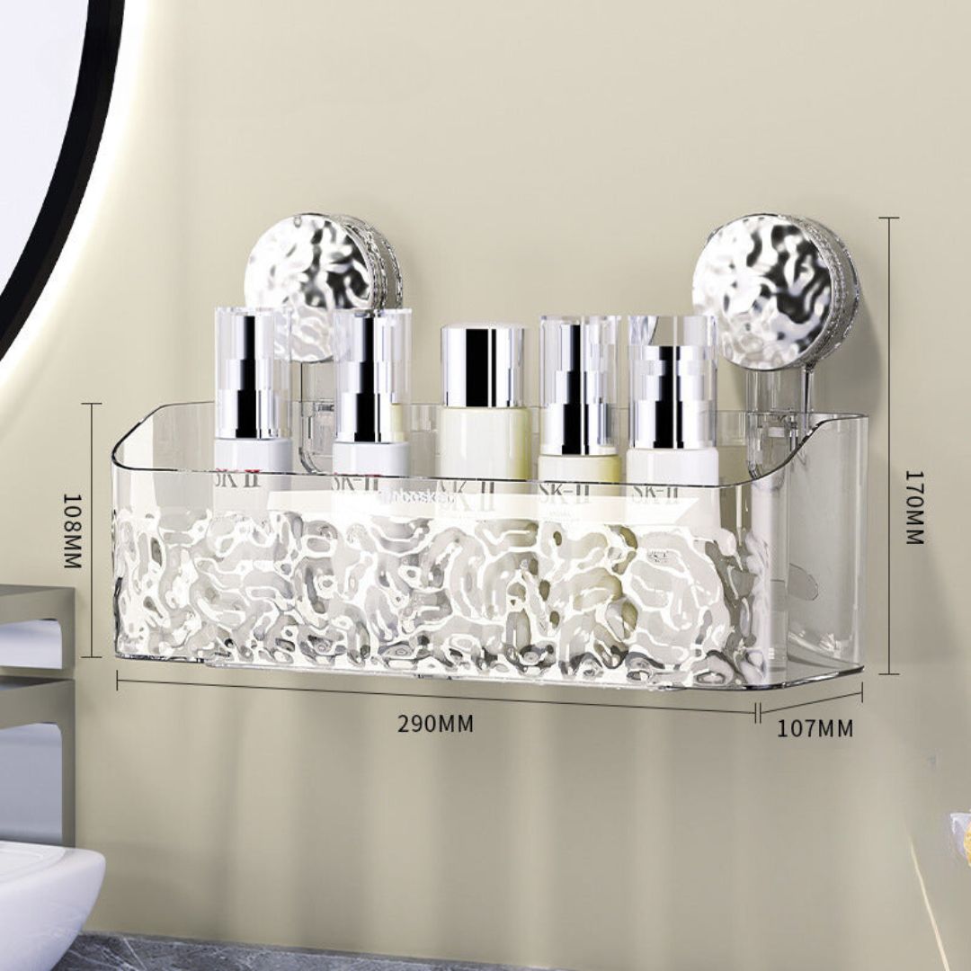 Elegant, plassbesparende baderomshylle i moderne design med sugekopper. Optimal badoppbevaring.