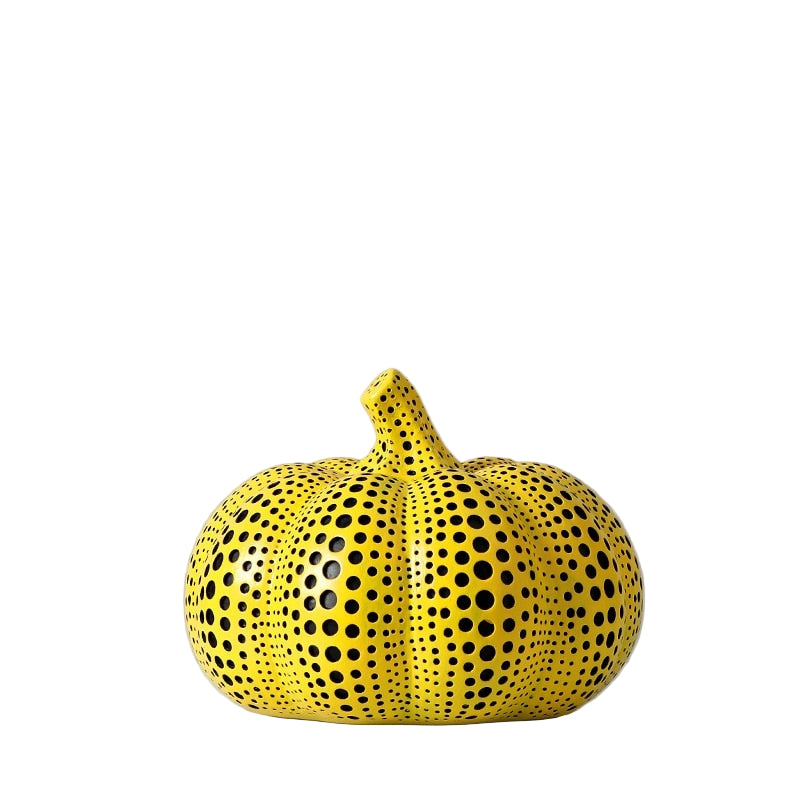 Moderne dekorativ skulptursett med polka-prikker; unike gresskar og dyr for hjemmeinnredning.