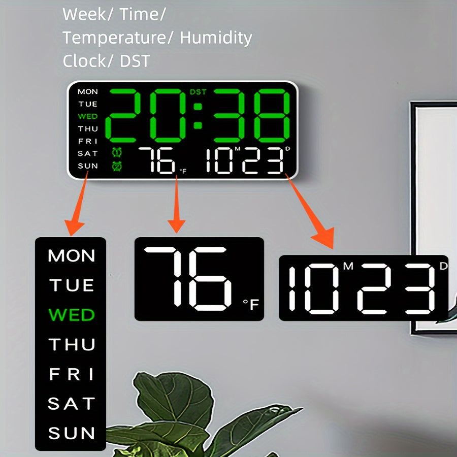 Flerfarget smart klokke for veggmontering, med digital tid, temperatur og dato. En moderne hjemmedekor.