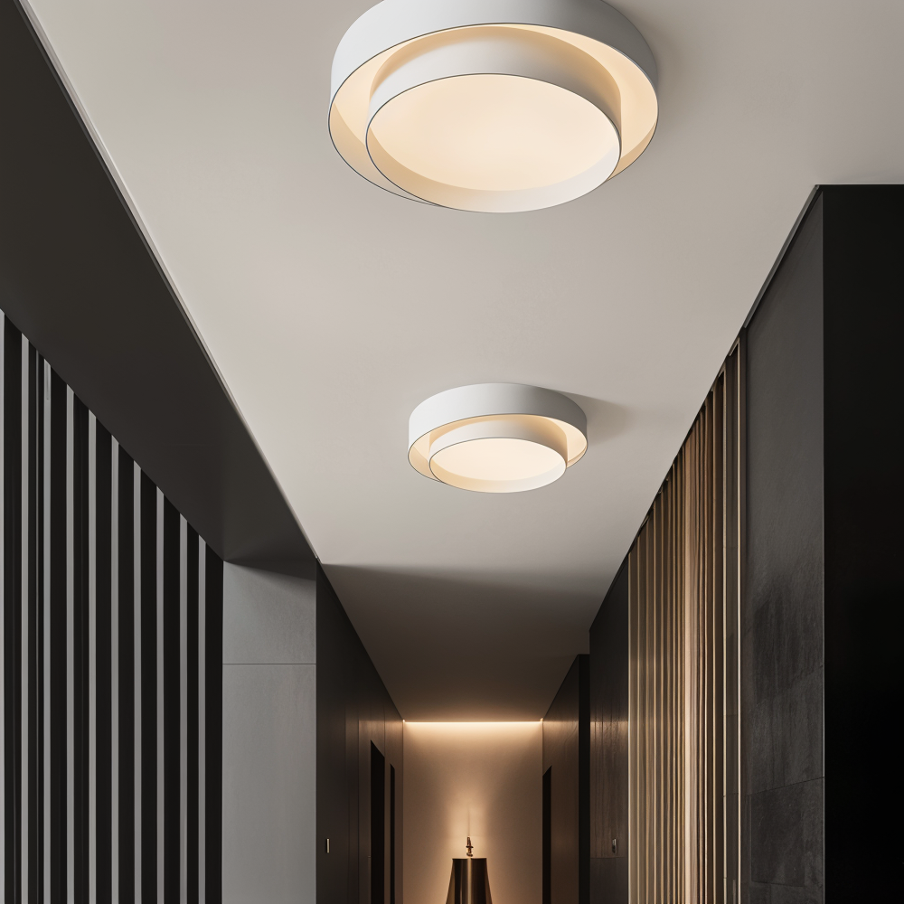 Stilig sirkulær LED taklampe med dobbeltlag, gir varm og innbydende belysning til stuen.