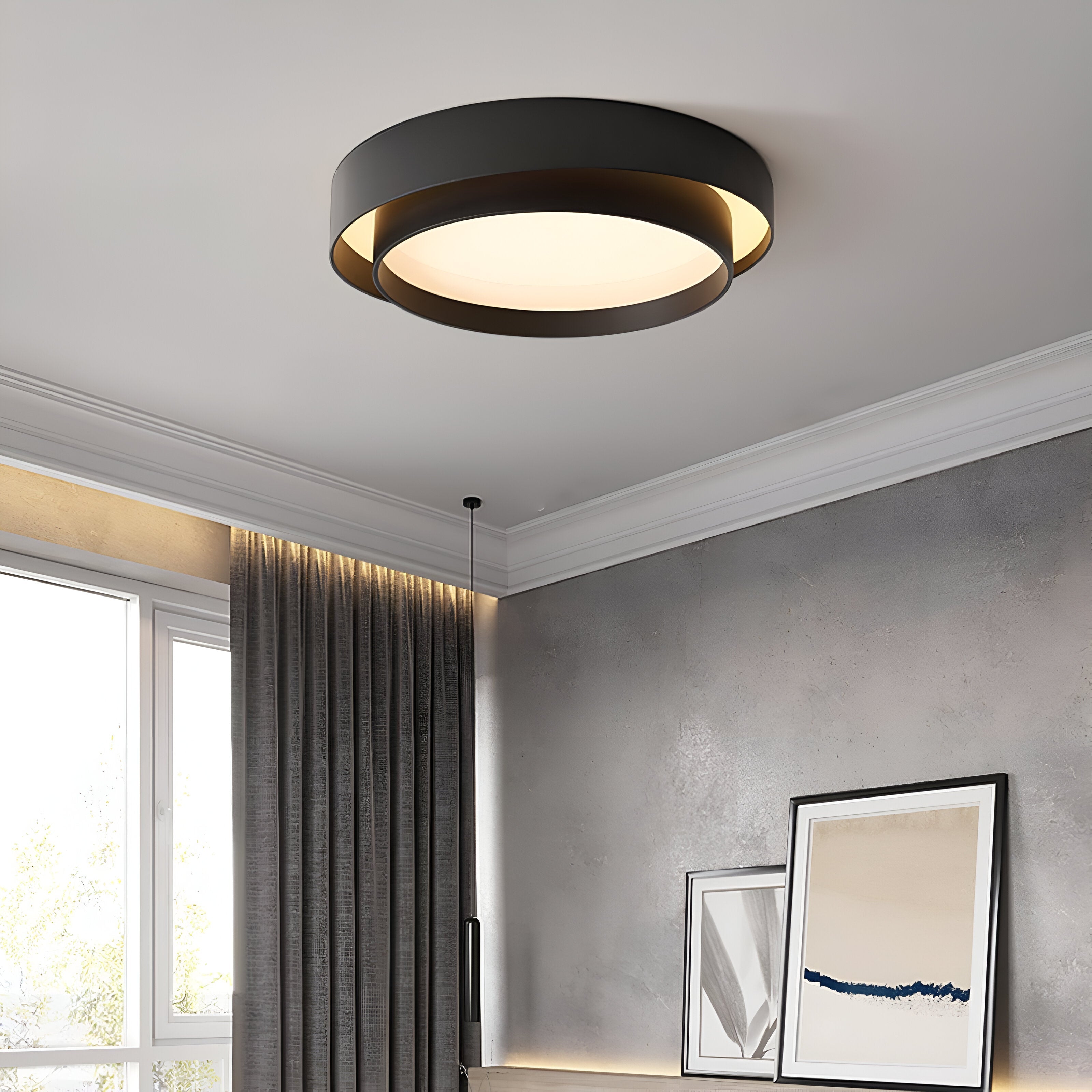 Energieffektiv LED taklampe med dimbar funksjon, moderne dobbeltlags sirkulær belysning.
