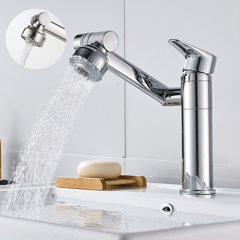 Elegant baderomskran, 360° roterbar med spray, perfekt for moderne baderomsoppgradering.