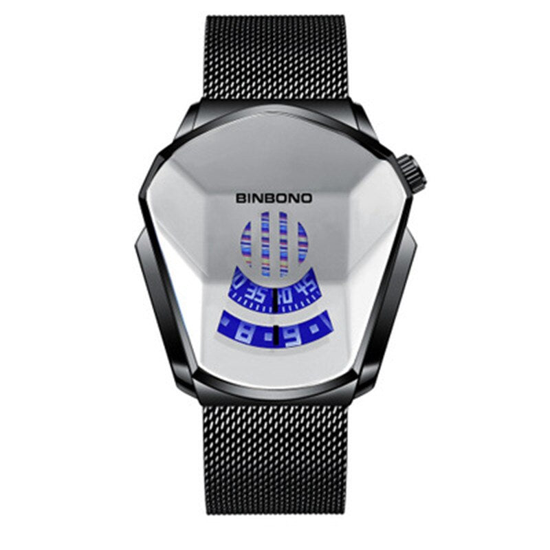Detaljert geometrisk urskive på maskulint armbåndsur i stål med moderne touch.