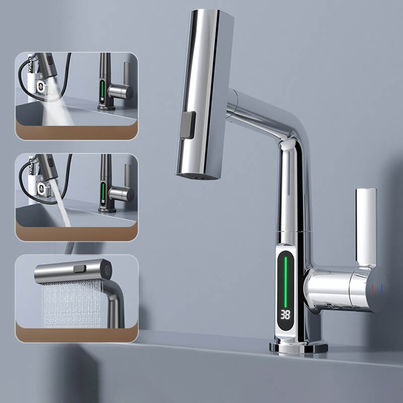 Elegant badkran med uttrekkbar slange og 360° svingbar funksjon for enkel bruk.